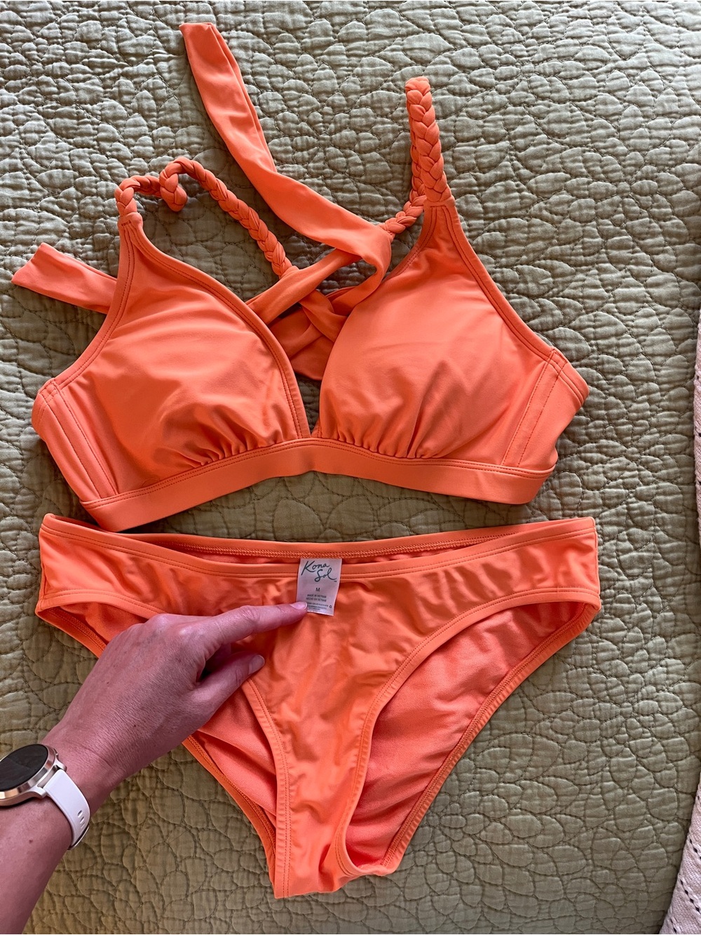 Kona Sol Bright Orange Bra-Style Bikini with Braided Straps